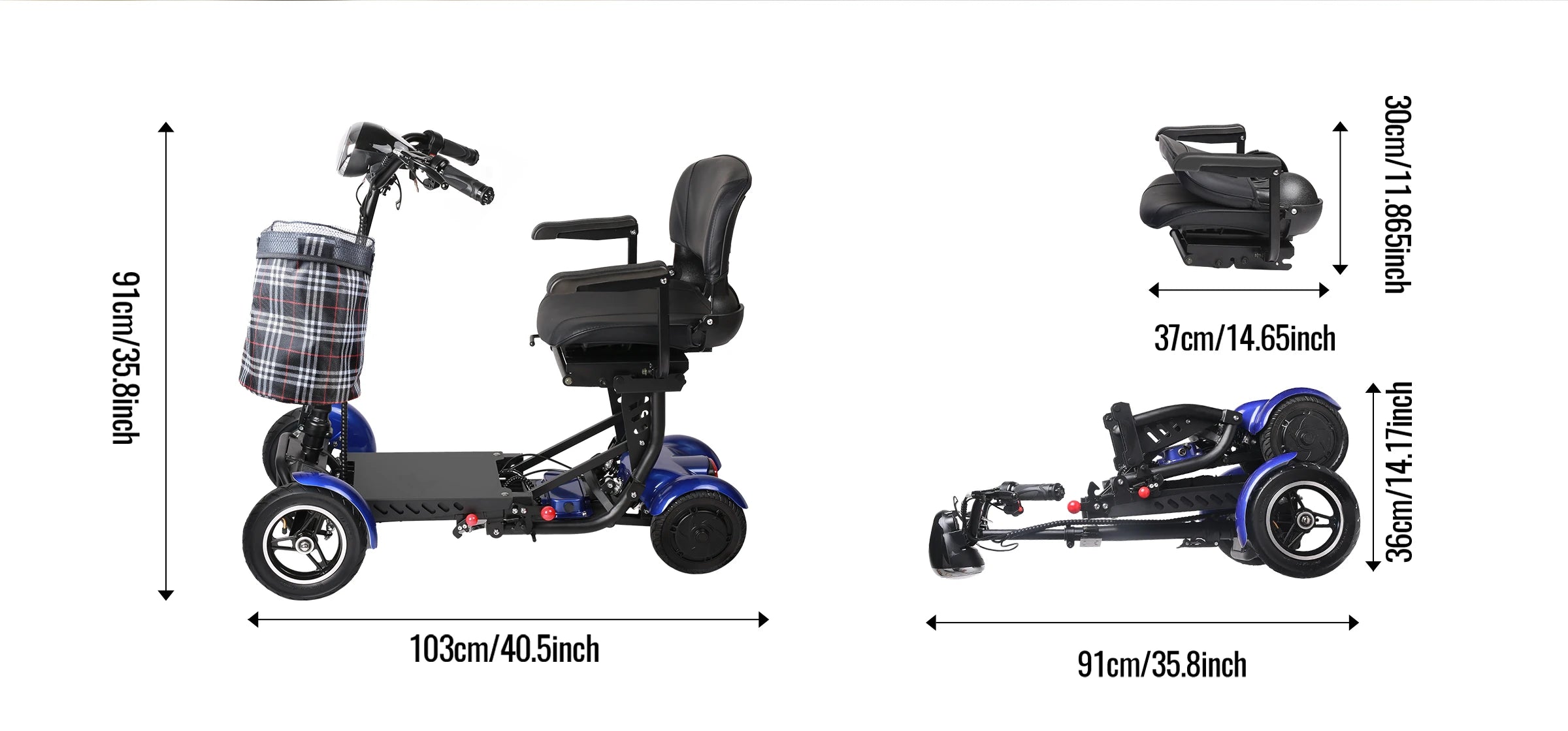 SUNNIGO 4 Wheels All Terrain Electric Mobility Scooter Dual 500W Motor 36V 18Ah Lithium Battery Lightweight Foldable Travel Scooters Adjustable Seat Anti-slip Tires Safe Brake System Comfortable Long Range 50km For Senior Dis