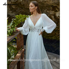 Lakshmigown A-Line Plunging V-neck Lace Appliques Long Sleeves Wedding Dress 2026 Floor-length Backless Bridal Gown Customized