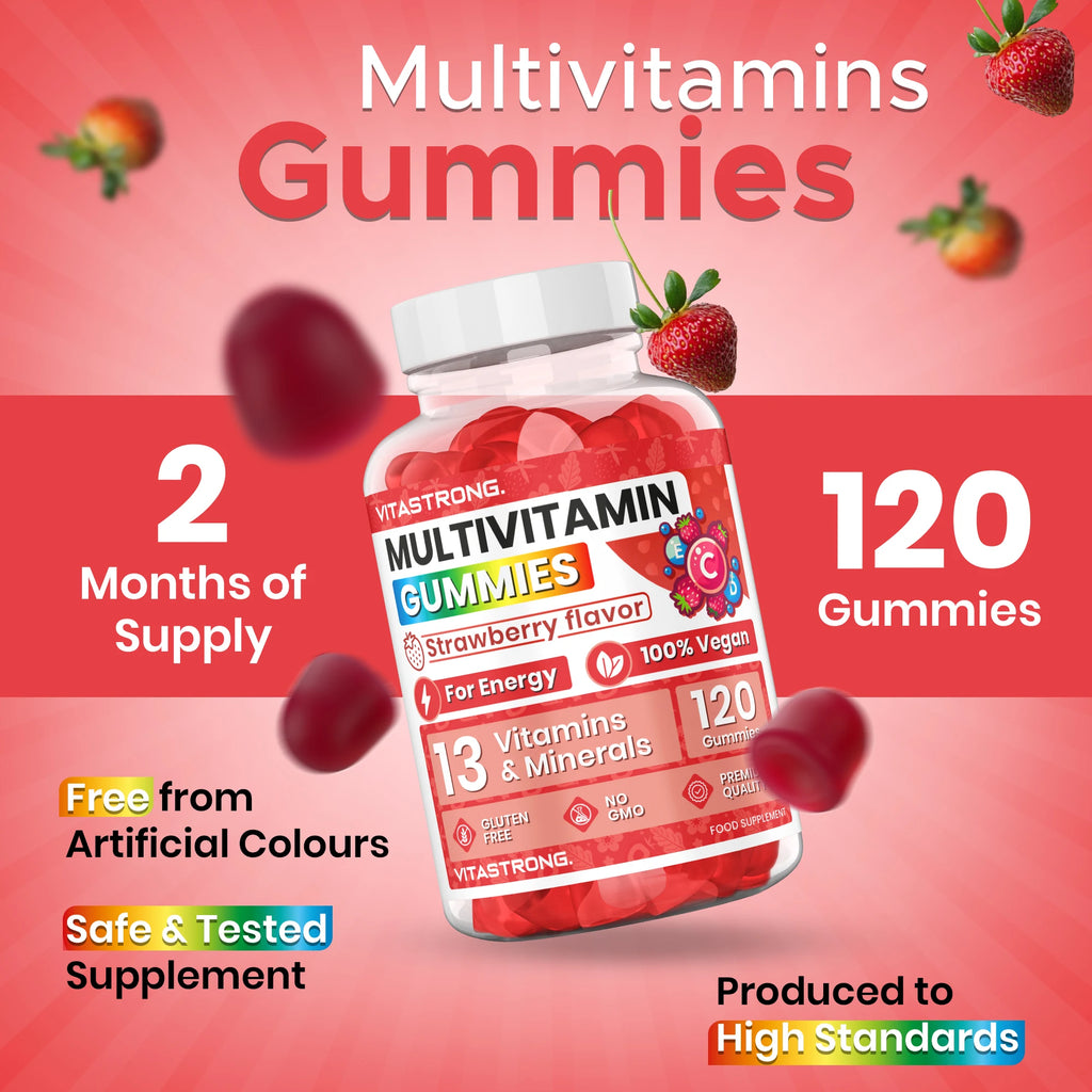 Full Multivitamin 120 Gummy Vitastrong, 13 Vitamins and Minerals, Sucrose-free, Complément Alimentaire Vegan for Adults, Multivitamin with Vitamins, Zinc, Iodine, Folate-For Men and Women
