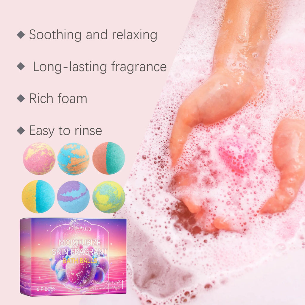 OceAura 6pcs Bubble Bath Bomb Ball Exfoliating Body Nourish Skin Relieve Fatigue Stress Anxiety Clean Pores Body Bath Bomb Set