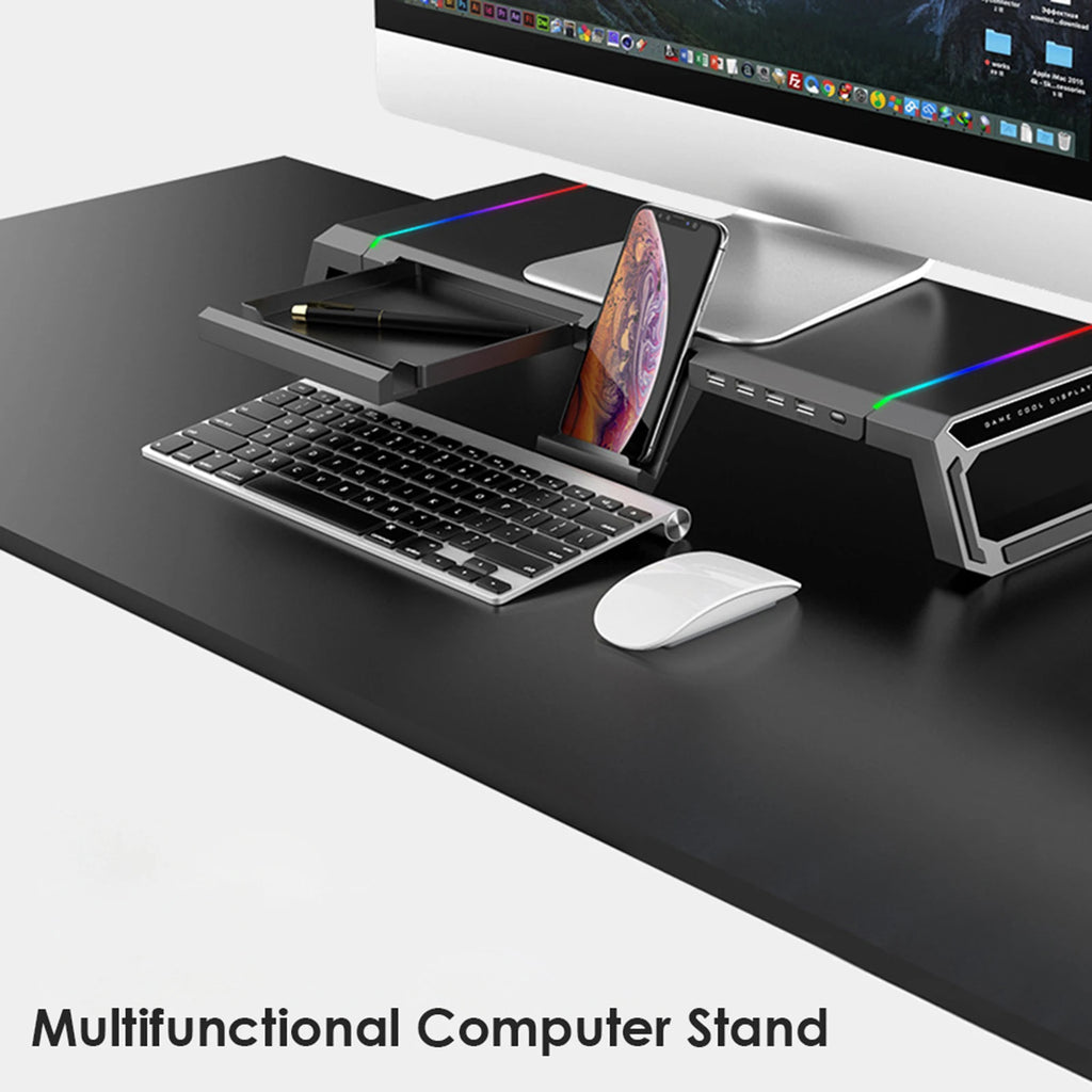 Aluminum RGB Monitor Stand Riser Bracket with 4 USB Ports Desk Organizer All-In-One Computer Laptop Height Stand Holder