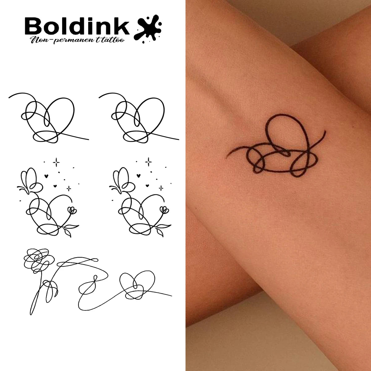 Heart butterfly Temporary Tattoo,Lasts To 15 Days New Technology Magic Waterproof Semi Permanent Sticker. Main image