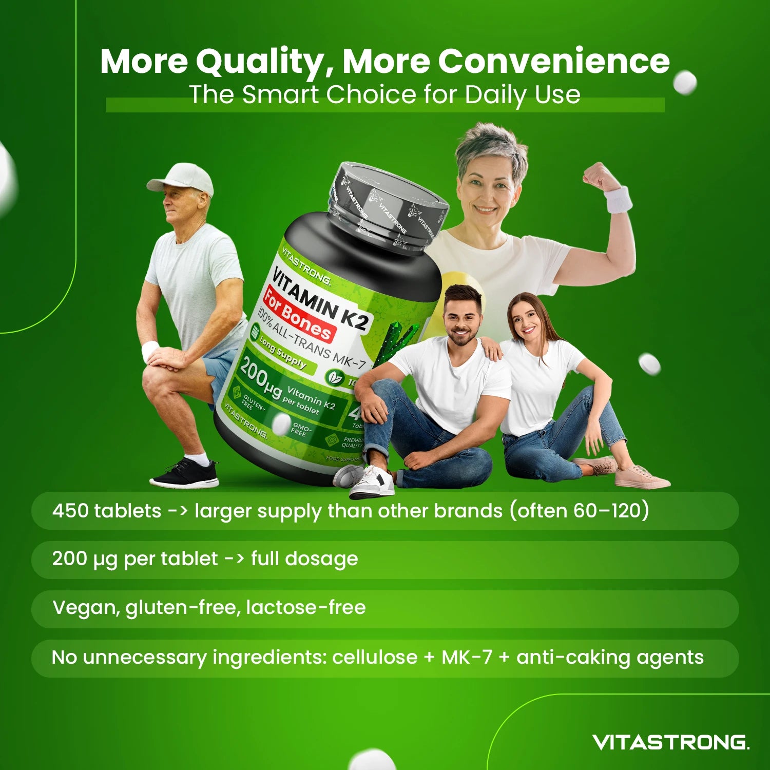 VitaStrong Vitamin K2 200 mcg, High Power, 1 Daily, 450 Tablets, Bone Health, Bone & Muscle support, Food Supplement, Premium Quality, 100% Vegan and Clean Formula