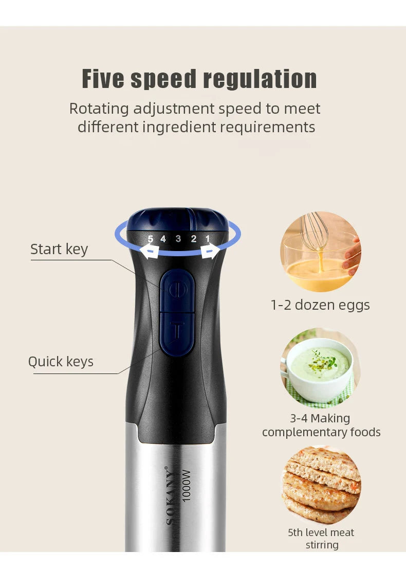 1000W High-Power 4-in-1 Handheld Kitchen Blender Multi-Function Stainless Steel Blender Vegetable and Meat Chopper Whisk and Egg Beater Smoothie and Milkshake Set Baby Food Maker Home Electric Blender, All-in-One Meat Grinder