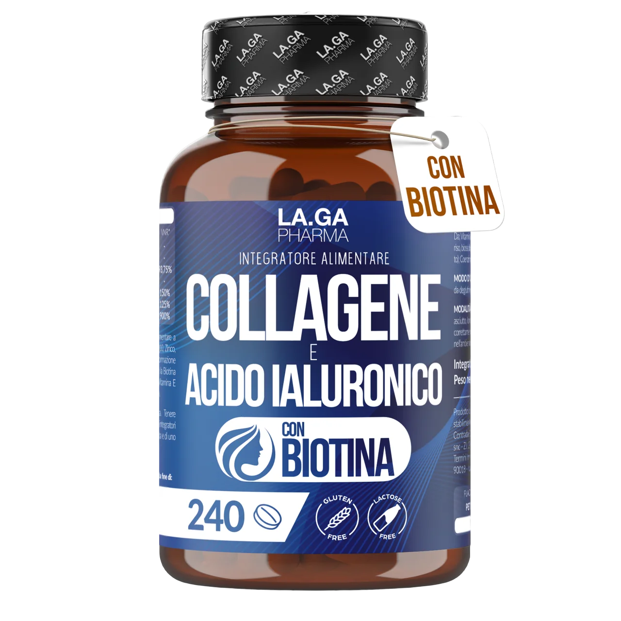 Collagen and Hyaluronic Acid with BIOTIN for Hair, Skin, Nails and Joints. Hydrolyzed Collagen 240 tablets 2000 MG with Zinc, CoQ10 and Vit. C + E for Bones and Strong Tents. Made in Italy | LAGA Pharma. LAGA Healthy. LA.GA |
