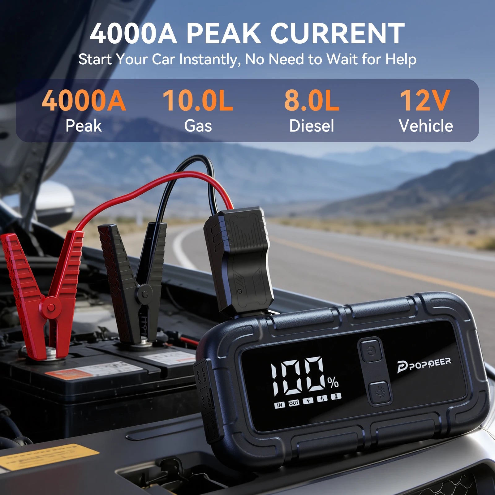 POPDEER PD-J06 4000A Jump Starter, 12V Car Battery Booster with LCD Display Dual USB for 10.0L Gas/8.0L Diesel Truck RV Boat Secondary image