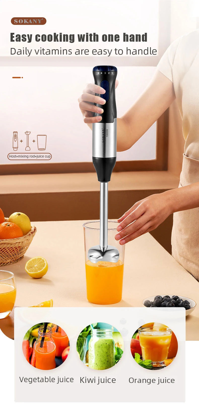 1000W 4-in-1 Electric Hand Blender Immersion Mixer Stainless Steel Stick Food Processor Low Noise 36-45dB for Baby Food Soup Smoothie 220V