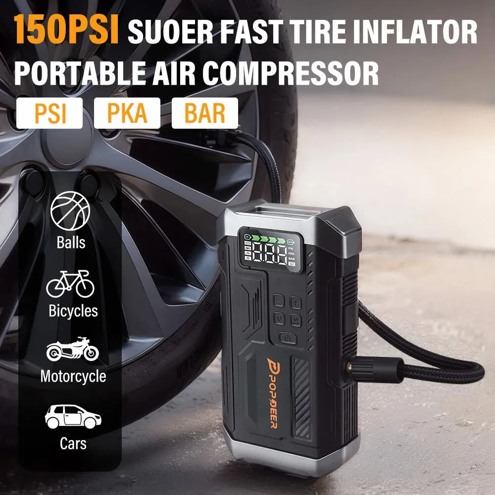 POPDEER PD-JA3 5000A 4-in-1 Jump Starter, 150PSI Air Compressor, 12V QC 3.0 Powerbank with LCD Display, 10L Gas/8L Diesel
