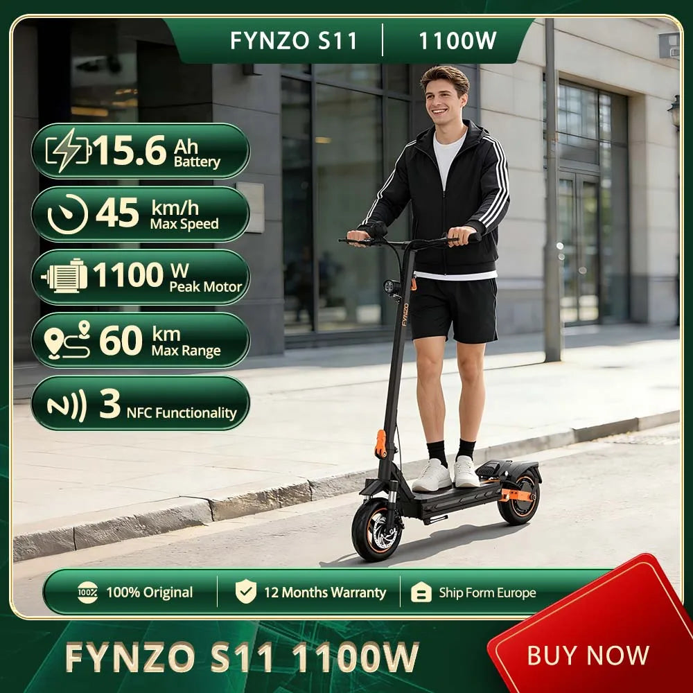 NFC Fynzo S11 Fold E-Scooter 1100W 15.6Ah 45km/h Max Speed Dual Suspension 10" Tubeless Tires 60km Range Front Suspension Fork Main image