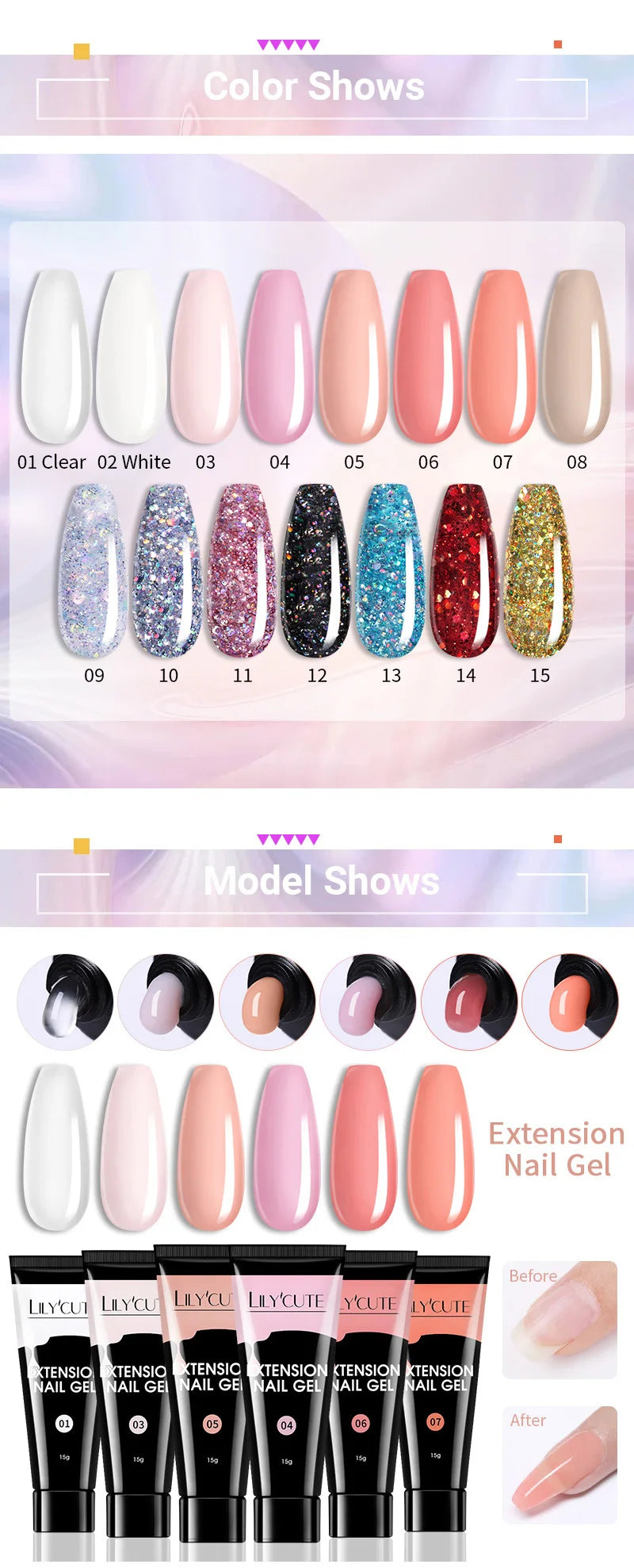LILYCUTE 15ml Extension Gel Nail Polish Set Quick Nail Prolong With Extend Mold Nail Tips Acrylic Solution Manicure Tools Kit
