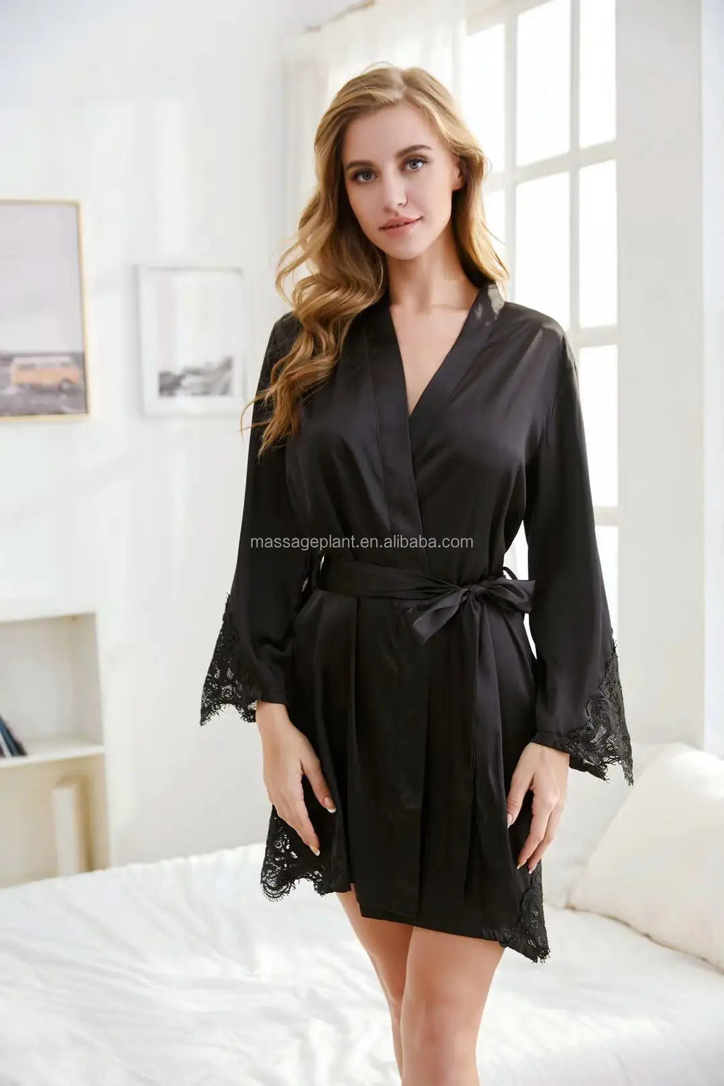 Solid 8209 Bride Wedding Robe Set Women Sleepwear Triangle Lace  Bridesmaid Satin Robe