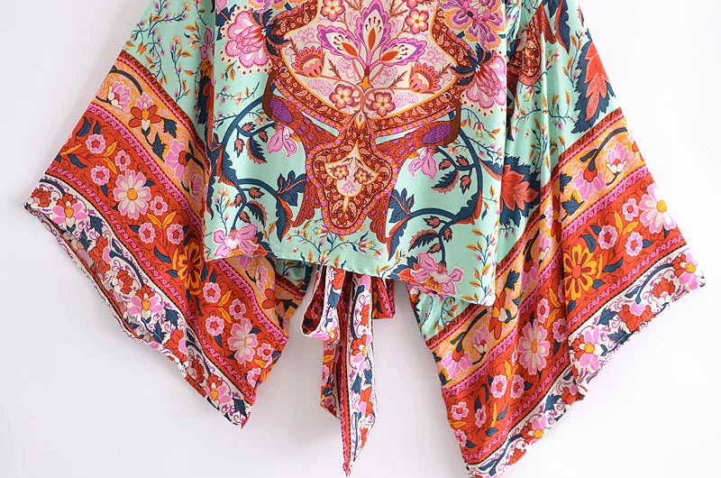 Happie Queens Floral Print Sashes Short  Kimono Women Fashion V Neck Batwing Sleeves Robe Lady Boho Bikini Cover-ups