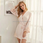 Solid 8209 Bride Wedding Robe Set Women Sleepwear Triangle Lace  Bridesmaid Satin Robe