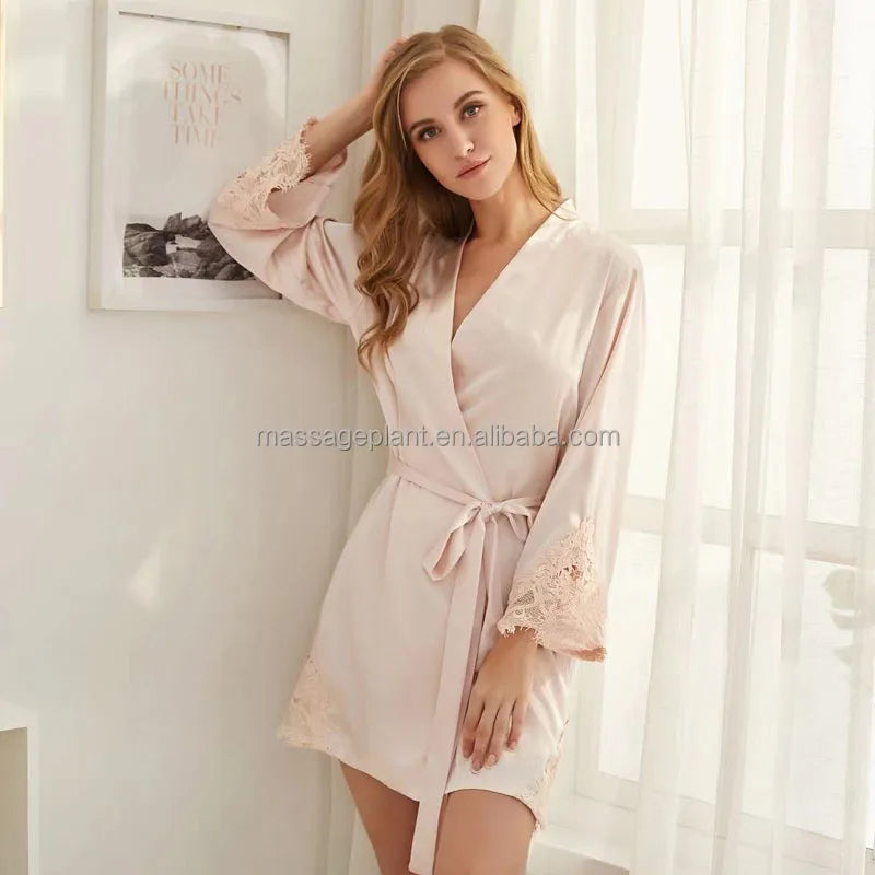 Solid 8209 Bride Wedding Robe Set Women Sleepwear Triangle Lace  Bridesmaid Satin Robe Main image