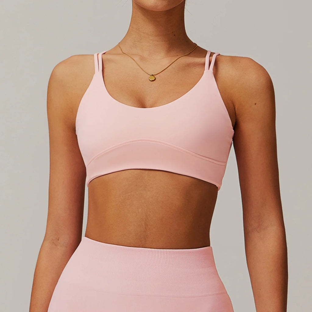 Womens Nude Cross Back Double Shoulder Straps Design High Stretch Push up Top Fitness Yoga Sport Bra