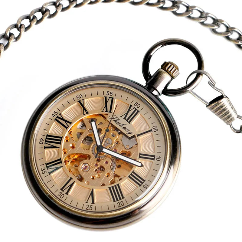 Retro Bronze Men Women Automatic Mechanical Pocket Watch Luminous Hands Roman Numeral Pendant Chain Relogio de bolso Gift