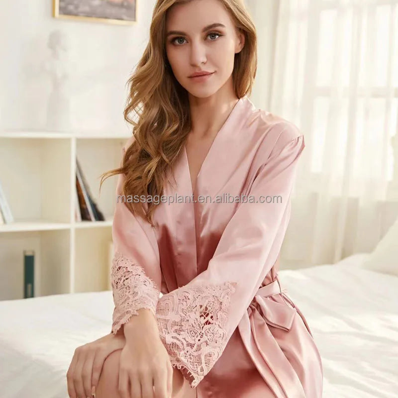 Solid 8209 Bride Wedding Robe Set Women Sleepwear Triangle Lace  Bridesmaid Satin Robe