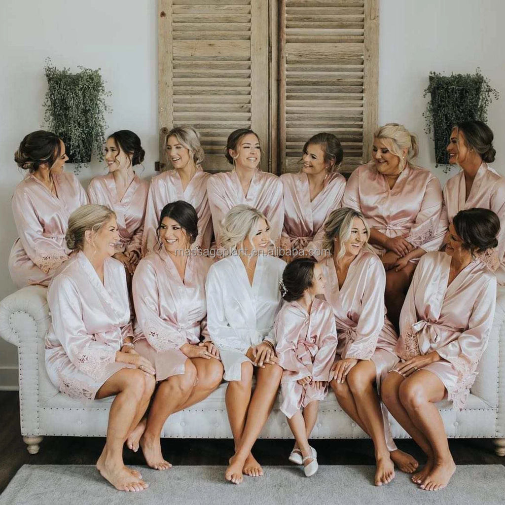 Solid 8209 Bride Wedding Robe Set Women Sleepwear Triangle Lace  Bridesmaid Satin Robe
