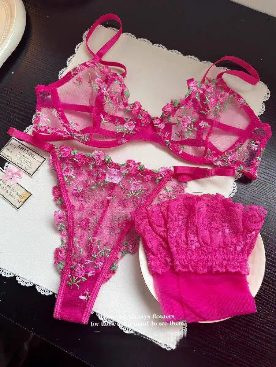 European Women Alluring Sheer Lace Embroidery Underwire Bra, Big Bust Support Minimize Anti‑Sagging Soft Lingerie S‑XL  Bra Set