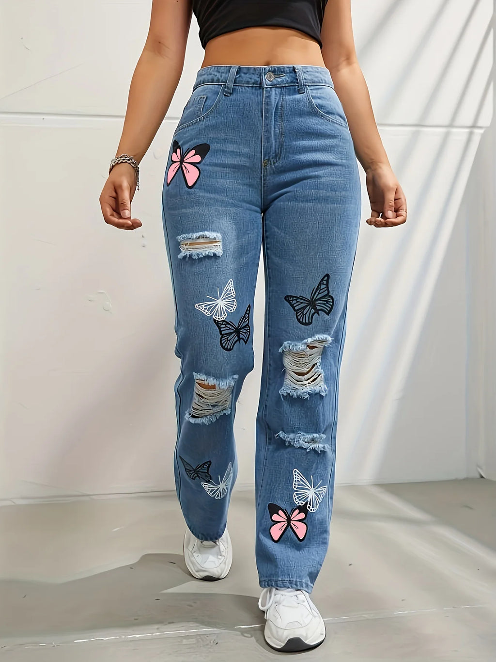 Butterfly Printing Denim Trousers Women Holes Jeans Straight Pants High Waist Loose Fit Vintage 2026 Casual Distressed Denims
