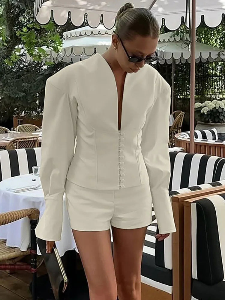 FANTOYE Sexy Deep V-Neck Long Sleeve Shoulder Pads Women 2 Piece Sets Beige Single Breasted Tops Short Pants Winter Lady Outfits Main image