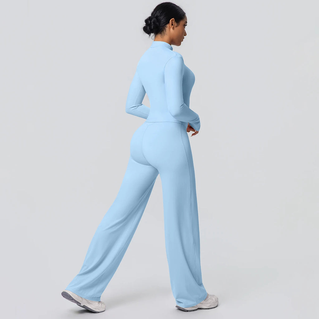 2pieces Quick Drying Sports Fitness Clothing Yoga Set Women Yoga Zipper Long Dleeves High Waisted Breathable Wide Leg Pants Set