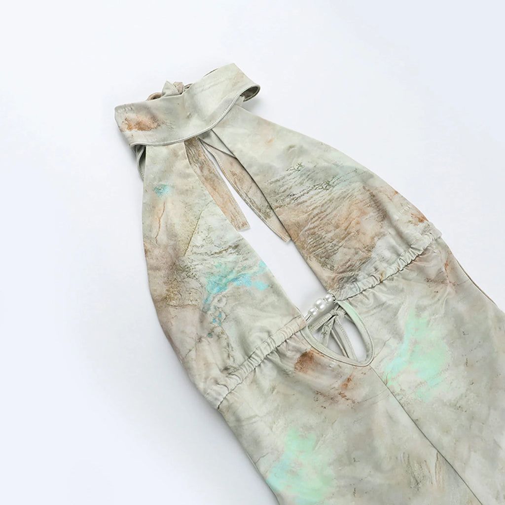 GlamGaze Halter Neck Keyhole Tie Dye Romper For Women Deep V Bodycon Shorts Jumpsuit Party Club Casual Daily Streetwear Outfit