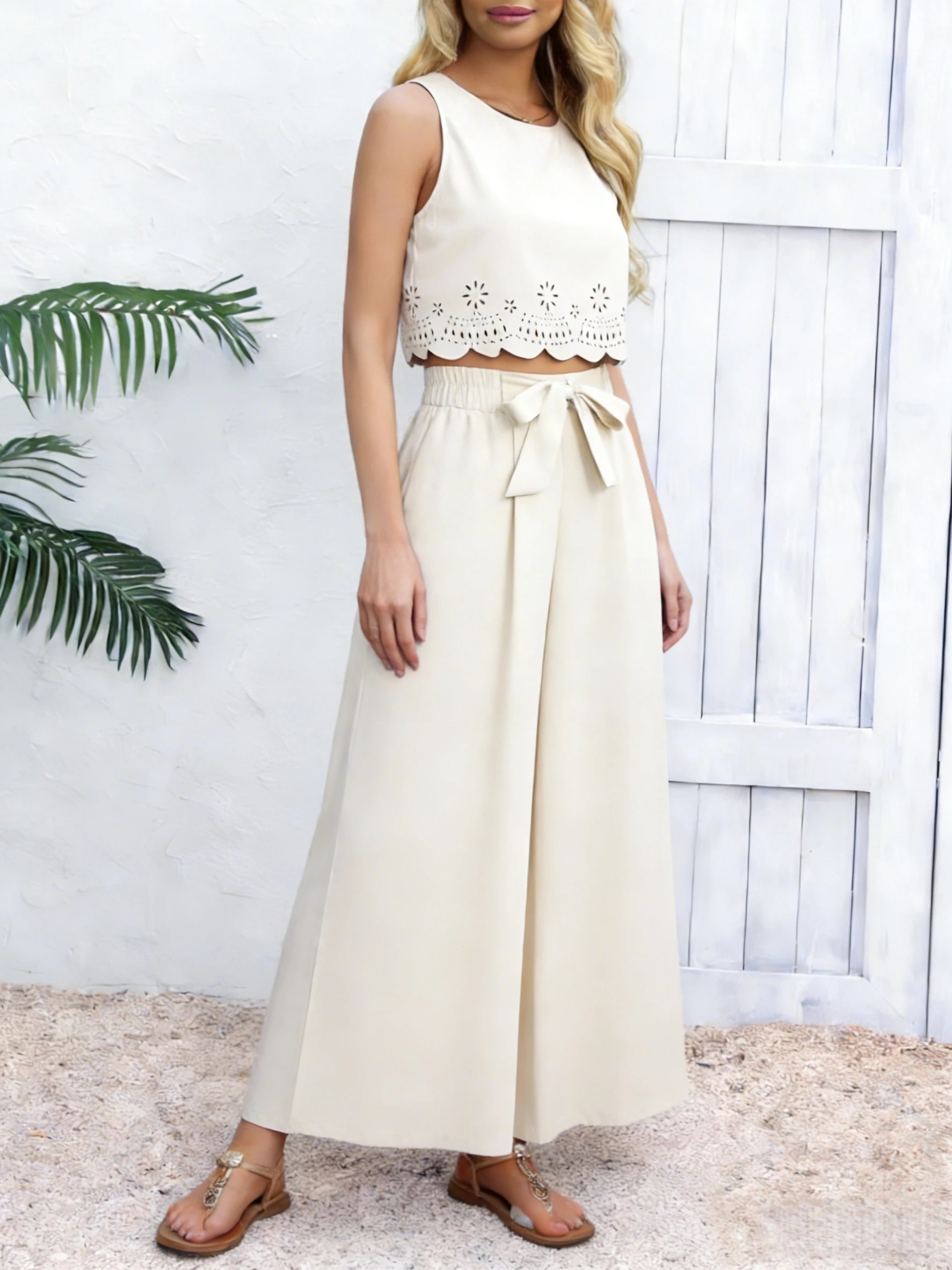 Women's Beige 2-Piece Set Sleeveless Crop Top And Wide Leg Pants Spring Summer Casual Commuting Vacation Outfit Secondary image