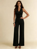 Women's Black Sexy Halter Jumpsuit Sleeveless V Neck Lace Panel Waisted Wide Leg Romper Fashion Spring Summer Party Jumpsuit