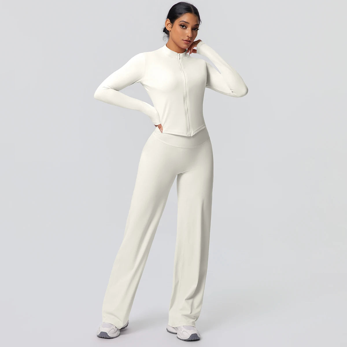 2pieces Quick Drying Sports Fitness Clothing Yoga Set Women Yoga Zipper Long Dleeves High Waisted Breathable Wide Leg Pants Set