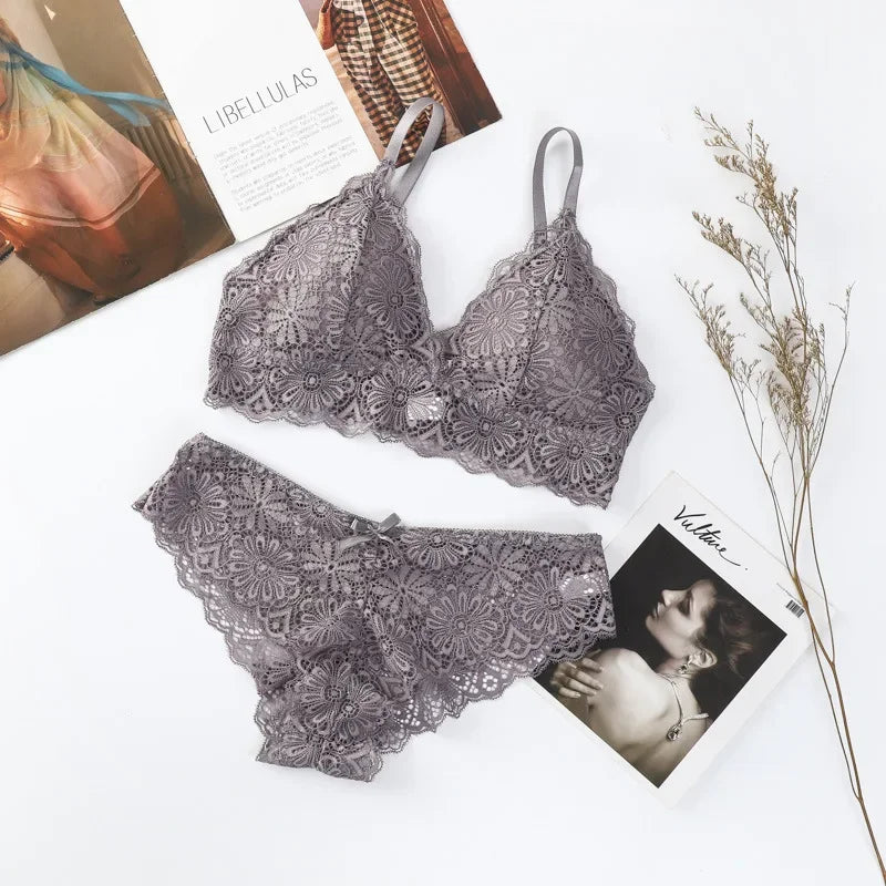 Women Push-Up Bra Set Sexy Lingerie Floral Lace Wire Free Bralette Low Rise Panties Sexy Briefs Female Underwear Intimates