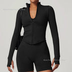 Women's Zipper Crop Sports Jacket Long Sleeve Yoga T-Shirt Solid Quick Dry Fitness Top Gym Running Workout Sportswear