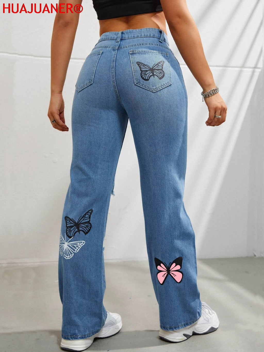 Butterfly Printing Denim Trousers Women Holes Jeans Straight Pants High Waist Loose Fit Vintage 2026 Casual Distressed Denims