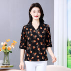 Summer half sleeve Shirt Fashion Commute All-match Ice Silk Printed Button Loose Women's Blouses Top