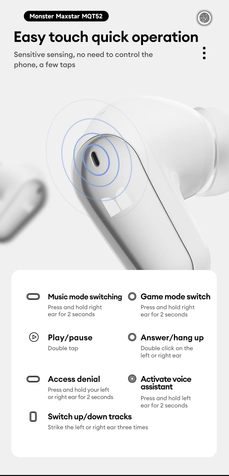 Monster MQT52 Bluetooth 5.4 Wireless Earphones 24H Long Battery Life Stereo Headphones Low Latency Gaming Dual Mode Headset Gift