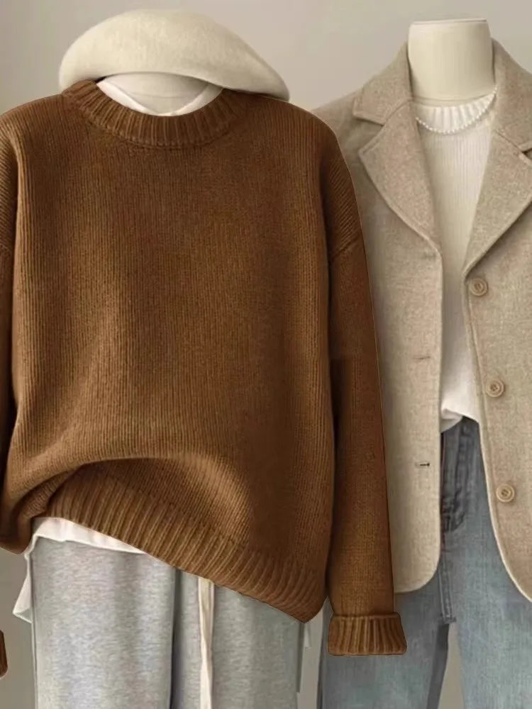 Soft waxy round neck 100 pure cashmere sweater women's loose sweater autumn and winter short base sweater