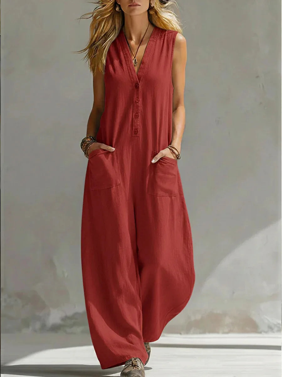 Jumpsuits women 2026 rompers Double-pocket casual linen cotton sleeveless long jumpsuits women's clothing