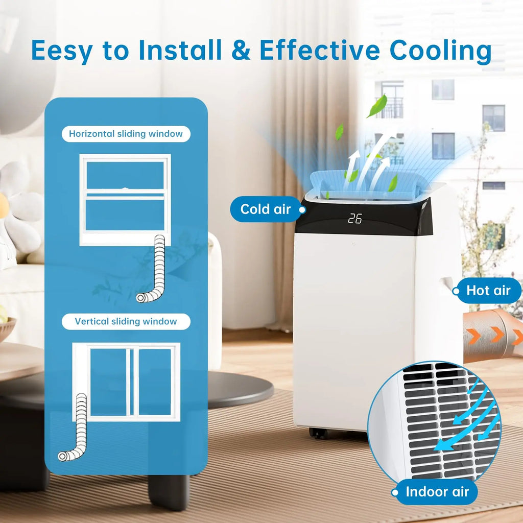 Portable Air Conditioner 12000 BTU, 4-In-1 Cooling Dehumidifier Fan & Auto Airflow, No Outdoor Unit, Quiet Operation, For Home