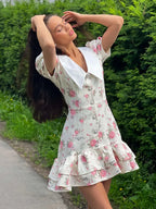 Tossy Printed Lapel Fashion Mini Dress Women's Short Sleeve Patchwork Contrast Elegant Summer Dress 2025 Female Bodycon Dress