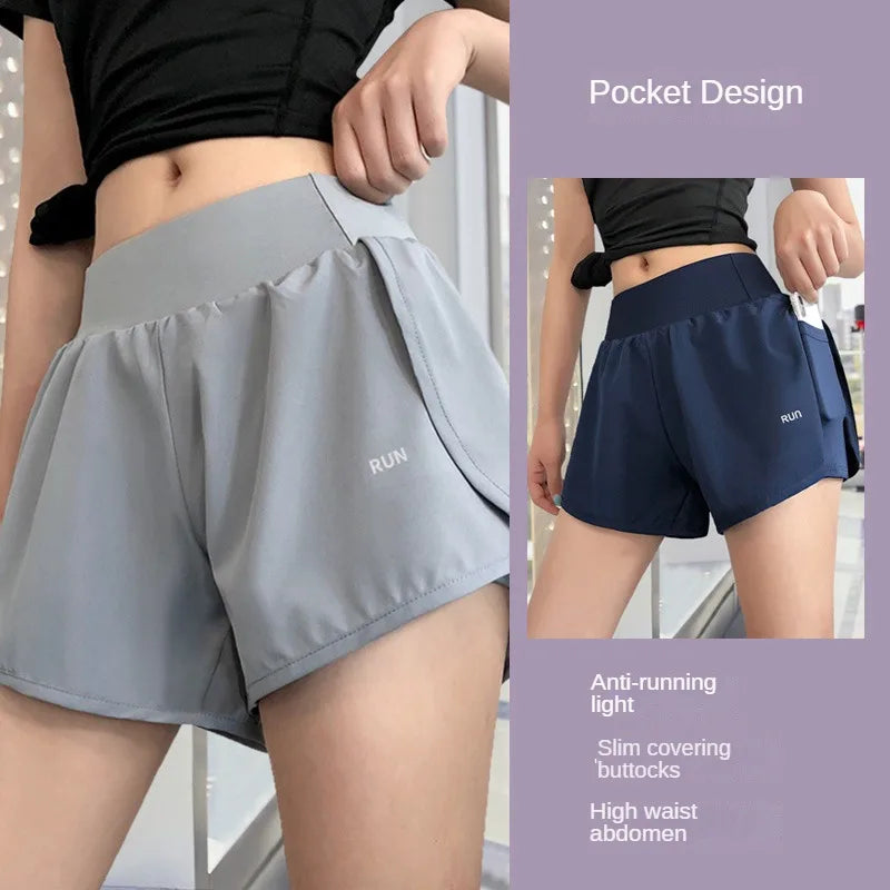 Women Leisure Sports Anti-exposure Fake Two-piece Slimming Sports Gym Nude Yoga Breathable Shorts