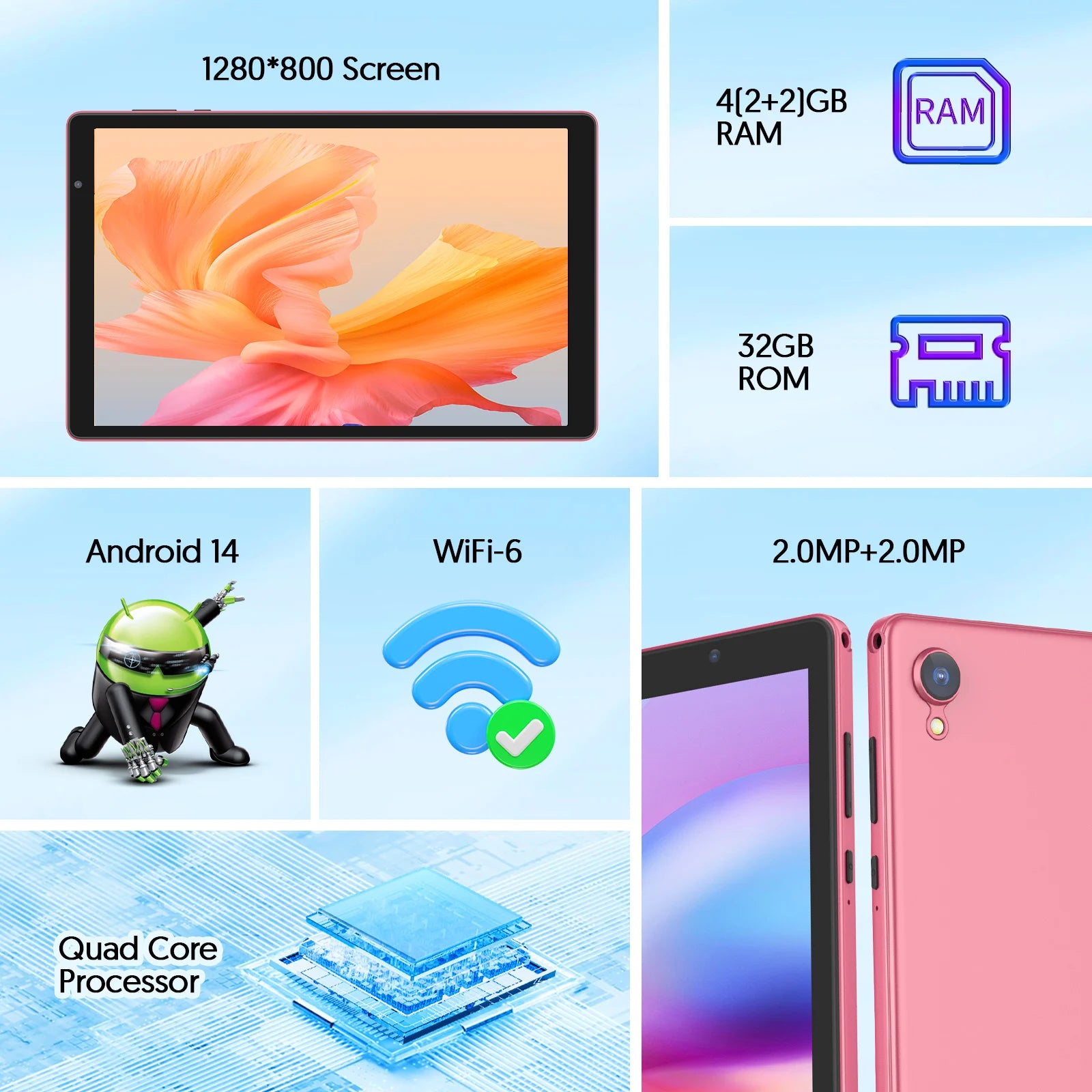 BAKEN 10-inch Android 14 Tablet, Quad-core Processor, 32GB Storage, Wi-Fi 6, Bluetooth, USB-C Port, Google Play Store (GMS)