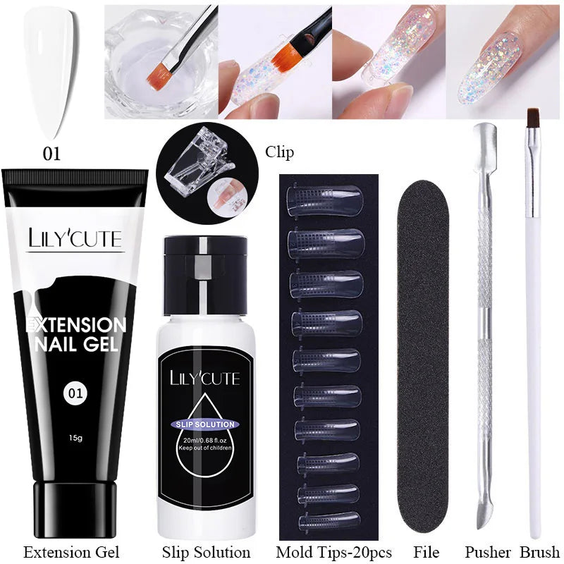 LILYCUTE 15ml Extension Gel Nail Polish Set Quick Nail Prolong With Extend Mold Nail Tips Acrylic Solution Manicure Tools Kit