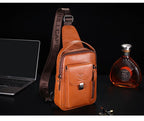 BULLCAPTAIN Men's Genuine Leather Chest Bag Casual Retro 7.9-inch Mobile Phone Bag Multifunctional Anti-Theft Crossbody Bag