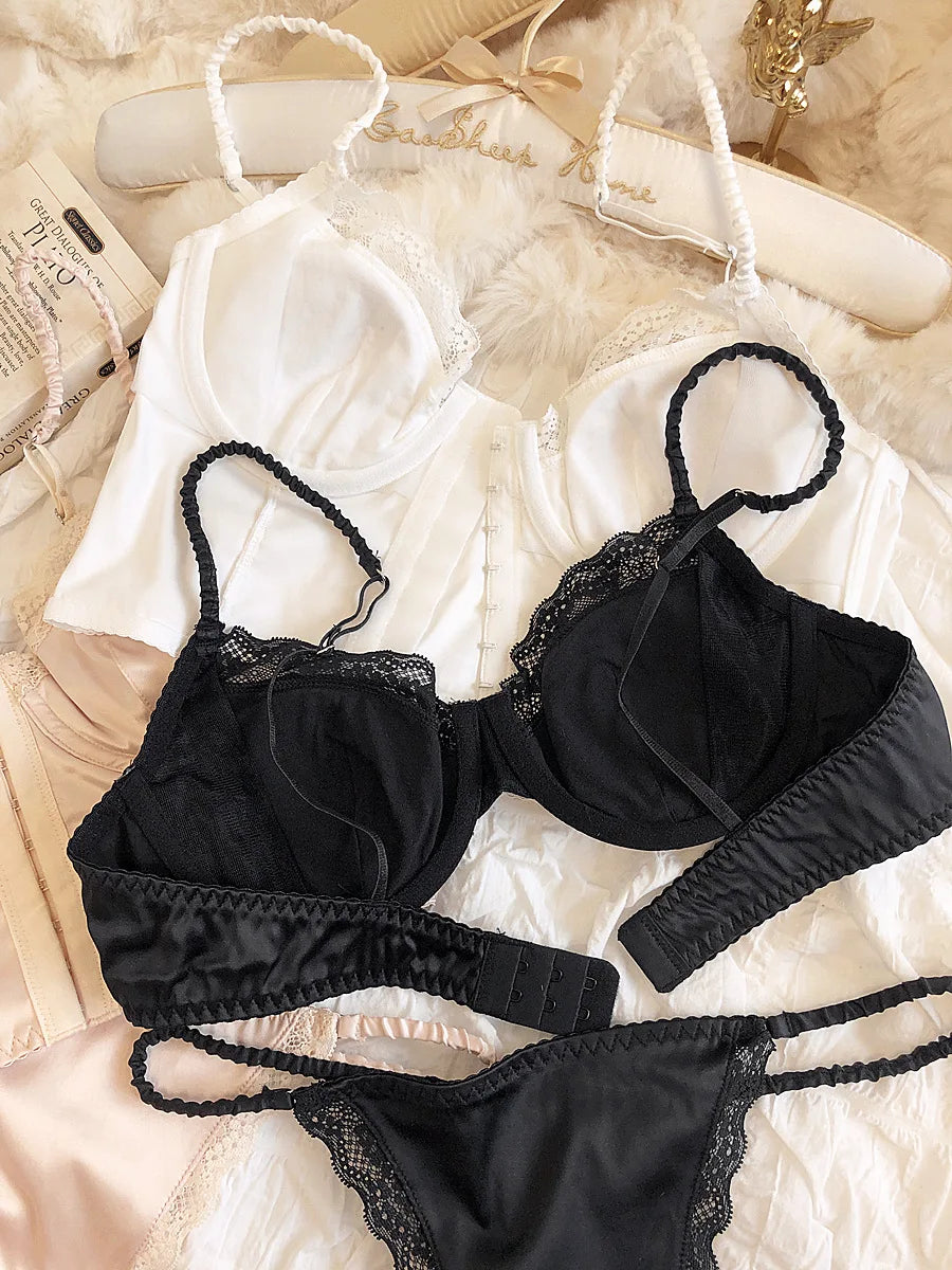Summer Women Lingerie Set French Sexy Lace Ultra Thin Bra Set Silk Fabric Comfort Adjustable Strap Bralette Thongs Underwear Set