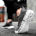 Summer Mens Black Hollow Mesh Sneakers Fashion Breathable Lightweight Casual Walking Shoes Printed Sole Outdoor Sports Footwear