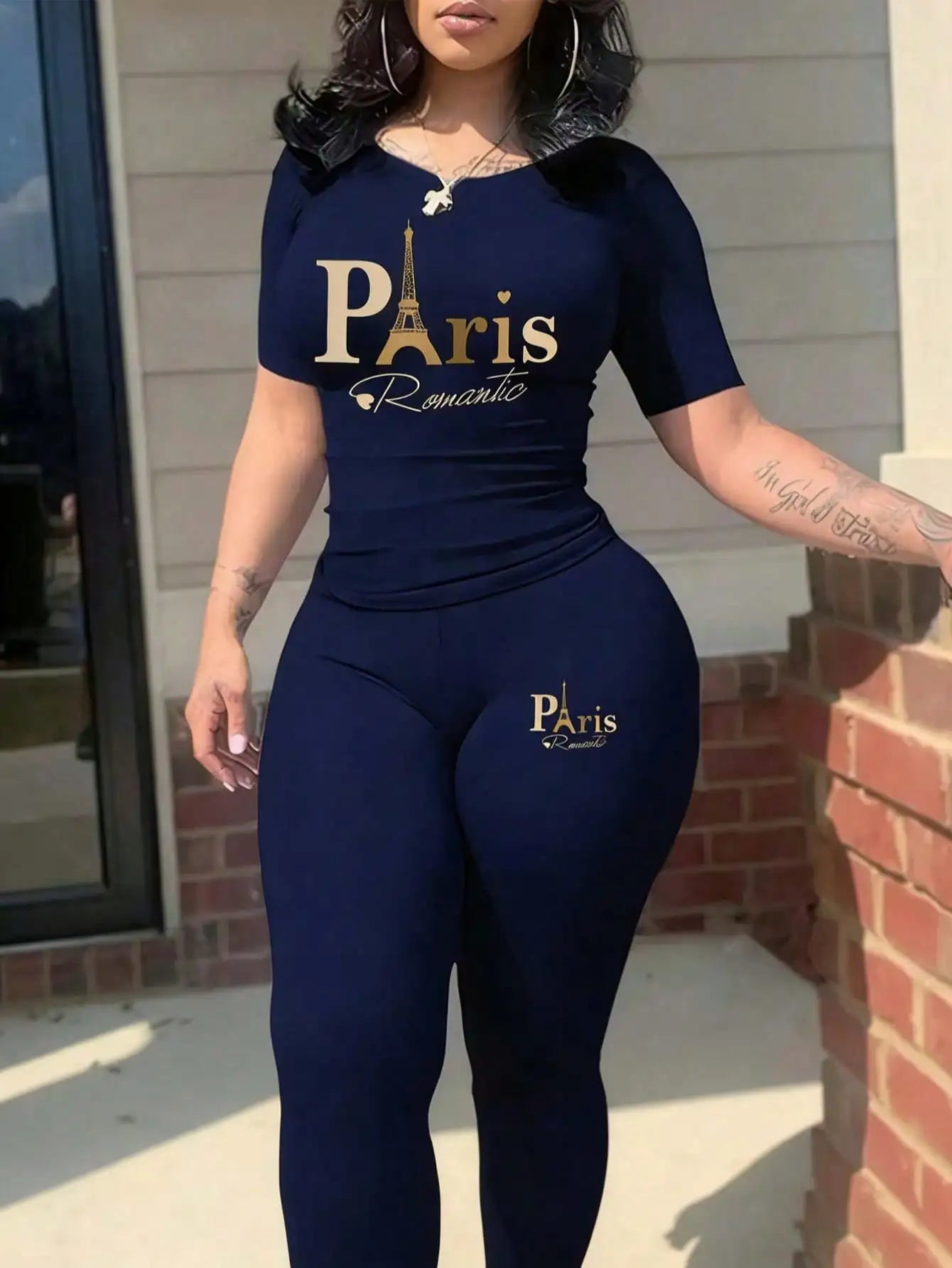 2026 women's new Paris printed two-piece set, casual short sleeved round neck T-shirt and tight pants long pants set Main image