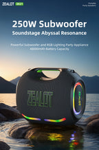ZEALOT-ZE21 250W Portable Bluetooth Speaker High Volume Waterproof 48000mAh Wireless TWS Subwoofer Suporrt USB/TF/AUX RGB light