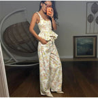 Elegant Floral Print Set Women Square Neck Sleeveless Ruffle Top Lace Up Floor Length Wide Leg Pants Sets Lady Casual Outfits
