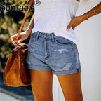 2024 Summer New Women Crimping Button Up Stretch Sexy Hole Jean Shorts High Waist Skinny Streetwear Trendy Ripped Denim Shorts