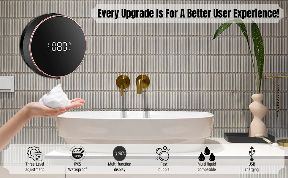 Automatic Foaming Soap Dispenser - Touchless Wall Mount, LED Temp Display, USB Rechargeable for Bathroom, Kitchen&Commercial Use